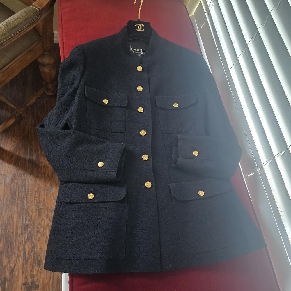 Chanel Black and Gold Blazer with Military-Inspired Design Size 42